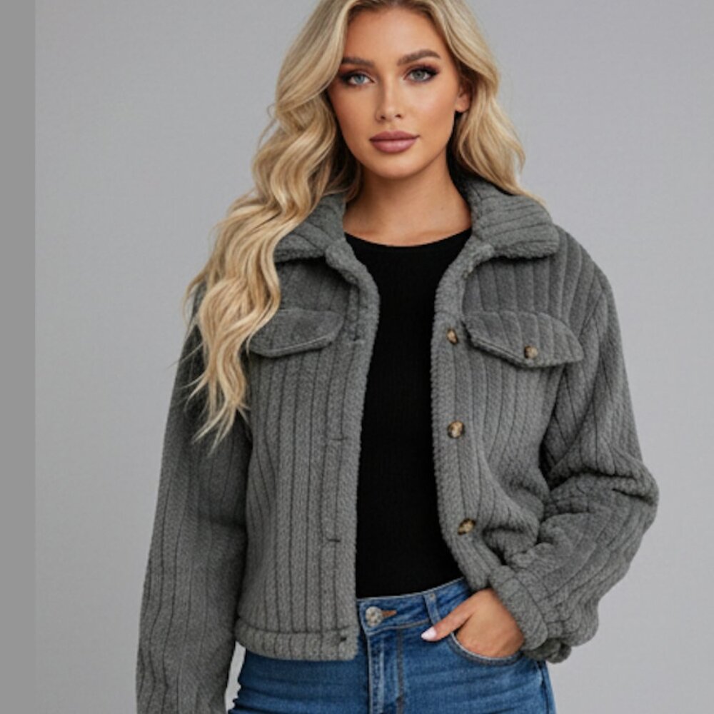 Teddy Front Button Long Sleeve Jacket Grey